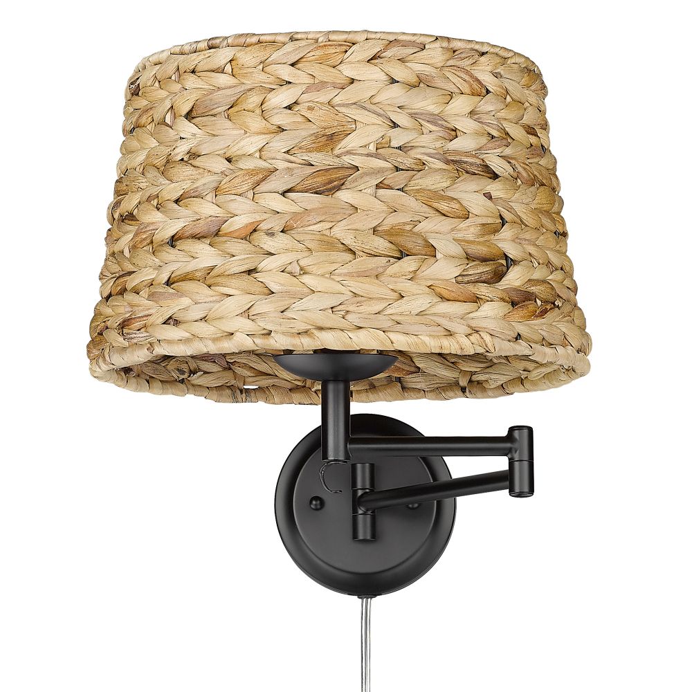 Golden Lighting 3692-A1W BLK-WSG Eleanor Articulating Wall Sconce in Matte Black with Woven Sweet Grass Shade